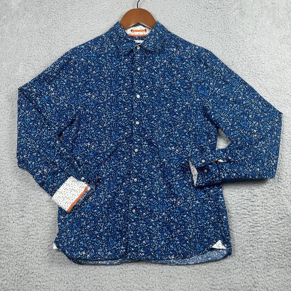 Across the Pond Signature Line Shirt Men Small Blue Floral Long Sleeve Button Up